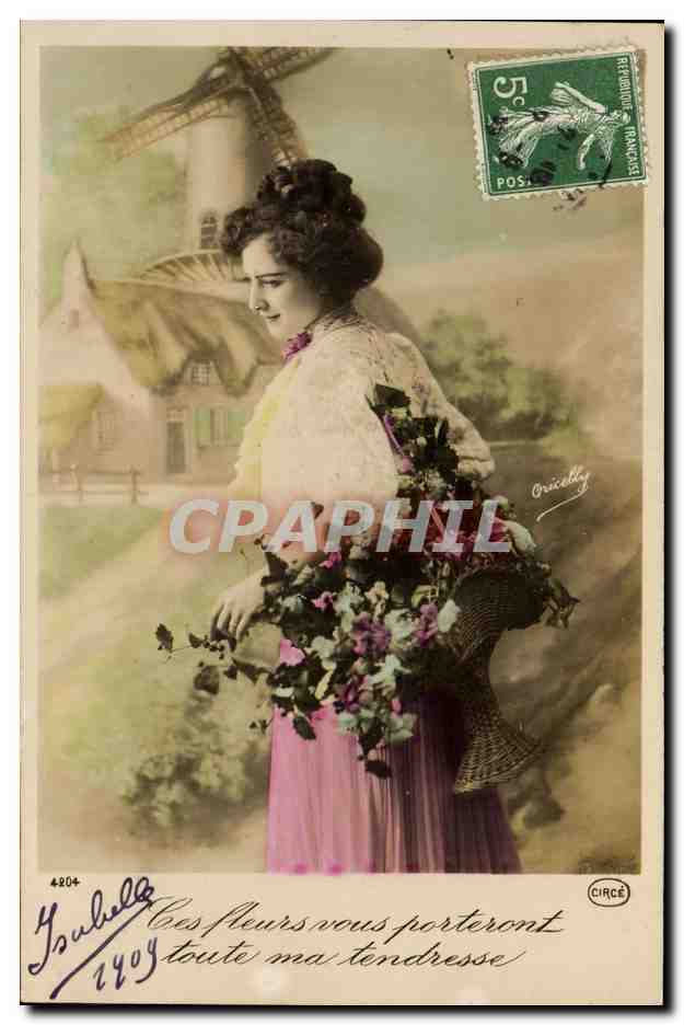 Femme avec bouquet de fleurs — paysage avec moulin à vent — éditeur Gricielley, n° 4204