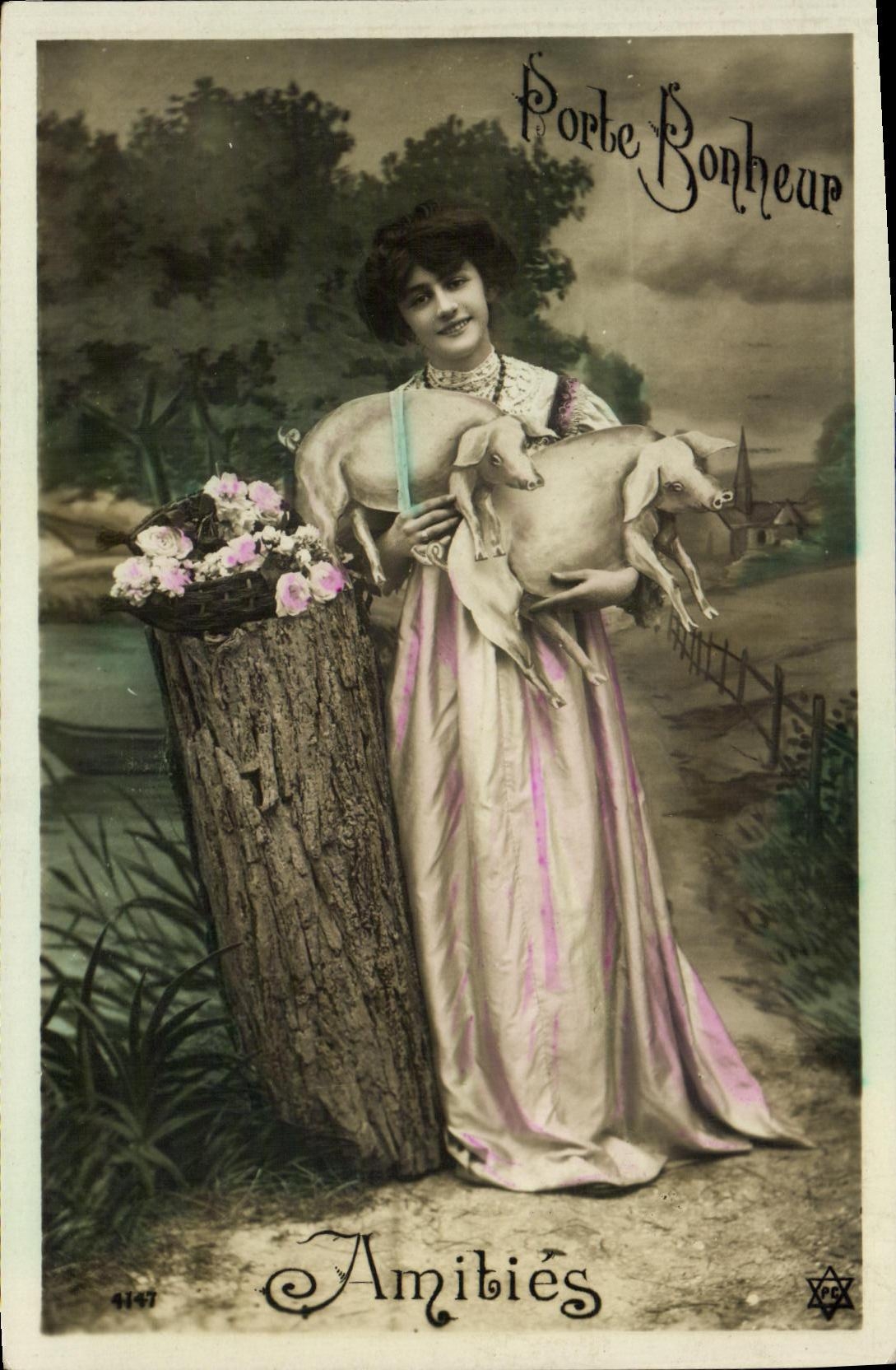 Femme tenant deux cochons — Porte Bonheur — éditeur Porte Bonheur, n° 4147