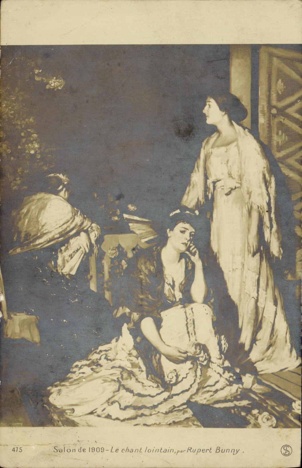 CPA Fantaisie Femme Salon de 1909 Le chant lointain Rupert Bunnt