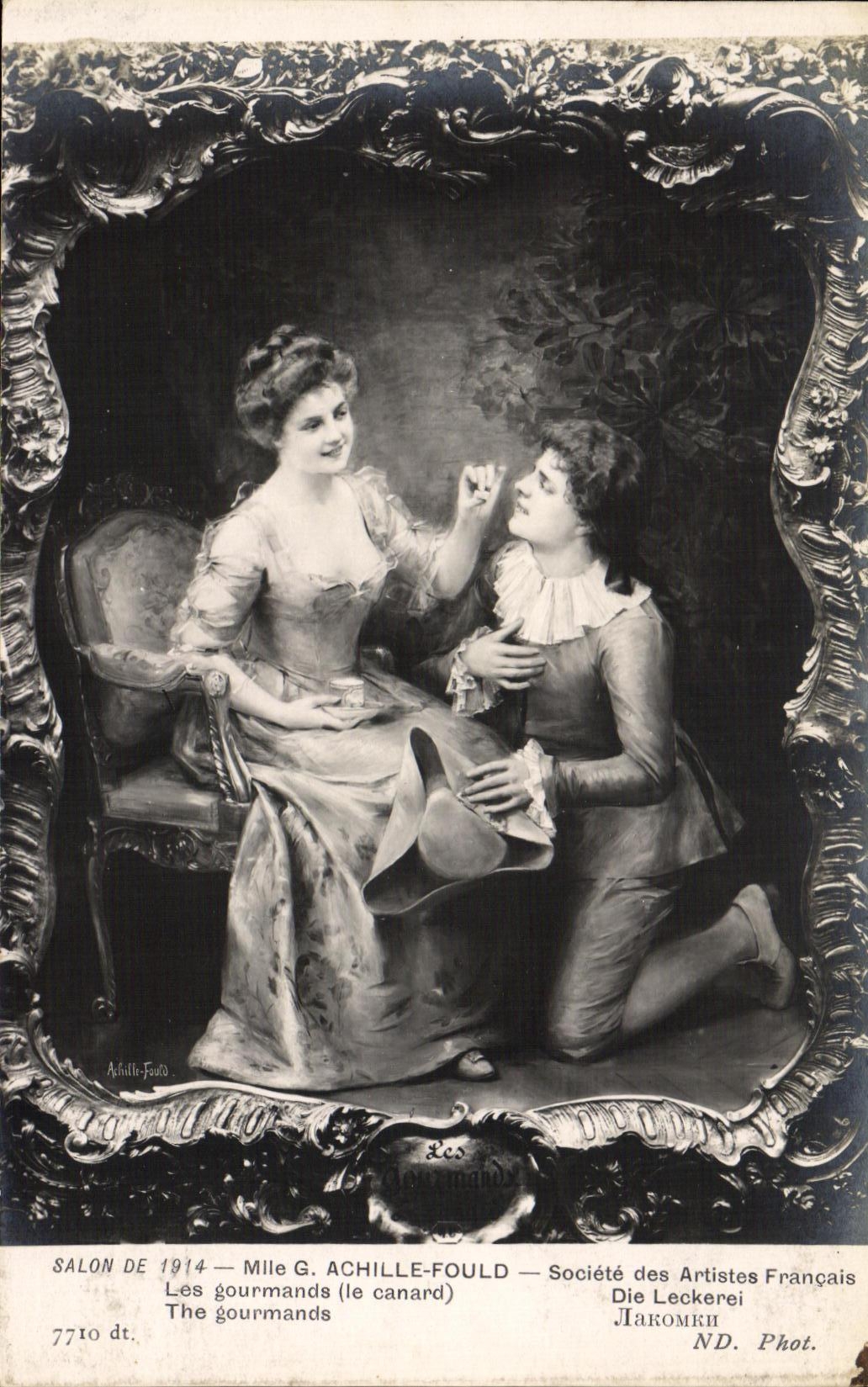 CPA Fantaisie Femme salon de 1914 Mlle Achille Fould Les gourmands