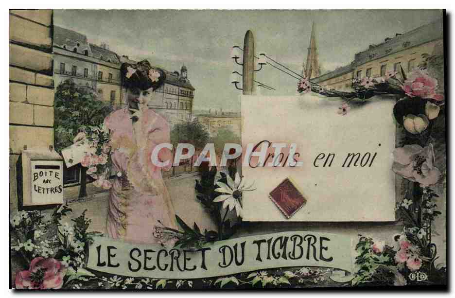 Femme en robe rose devant boîte aux lettres — Le secret du timbre — Éditeur ELD