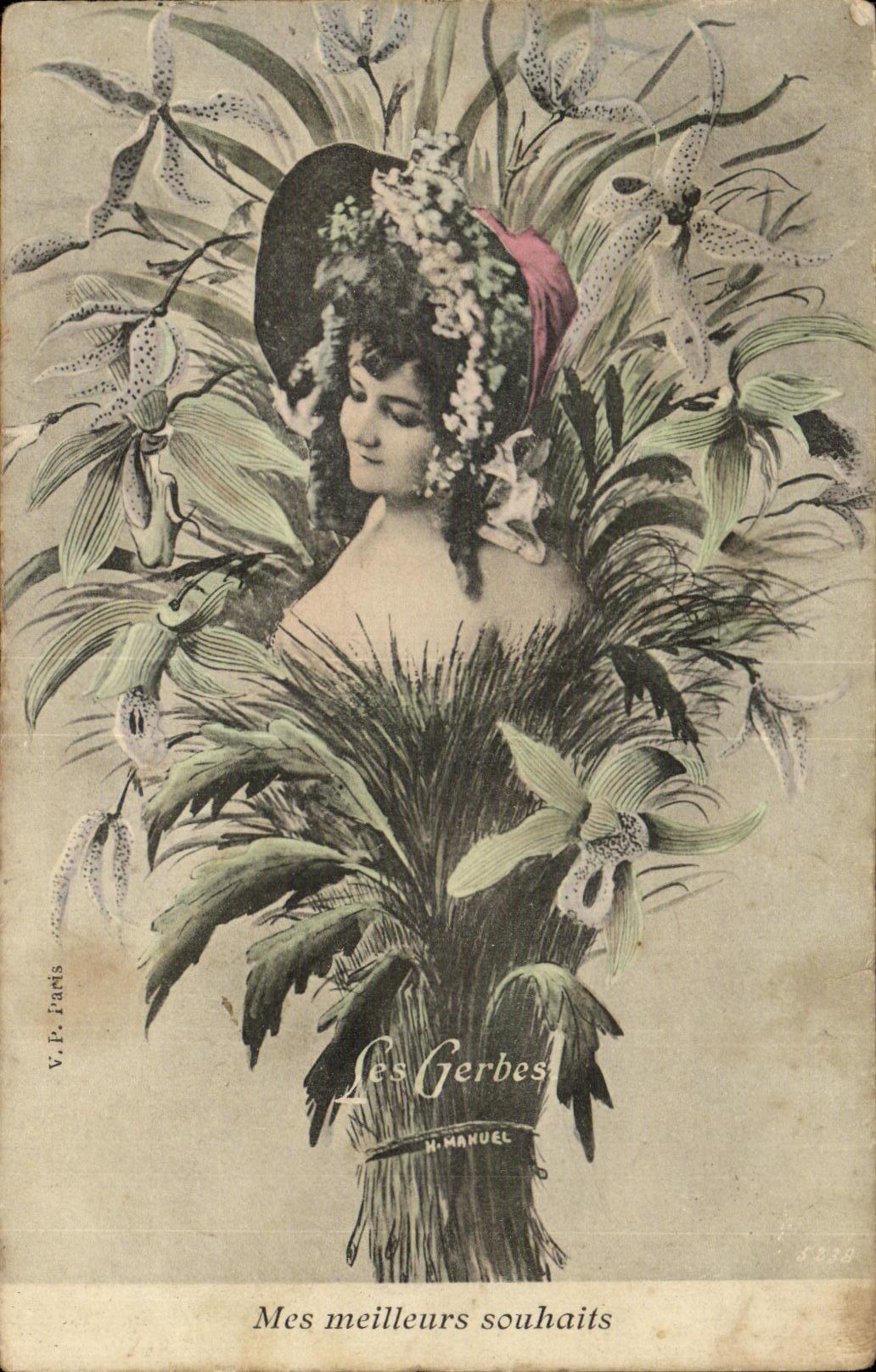 Mujer con sombrero adornado de flores — Le Gerbes — H. Manuel, n° 5238