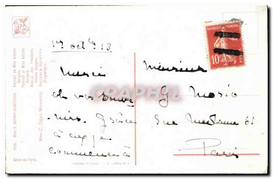 CPA Fantaisie Femme Mme S Aufray Genestoux Portrait de Mlle ARlette Dorgere — Rückseite