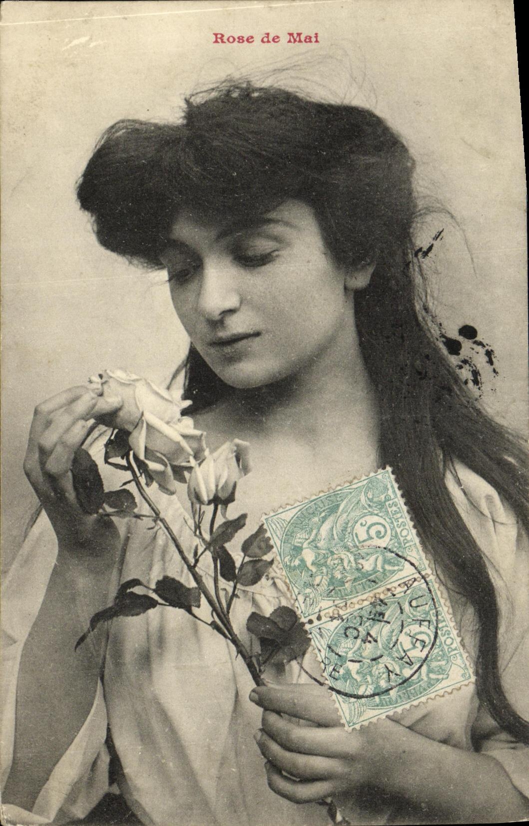 Rose de Mai — Young woman scenting a rose — Publisher Rose de Mai