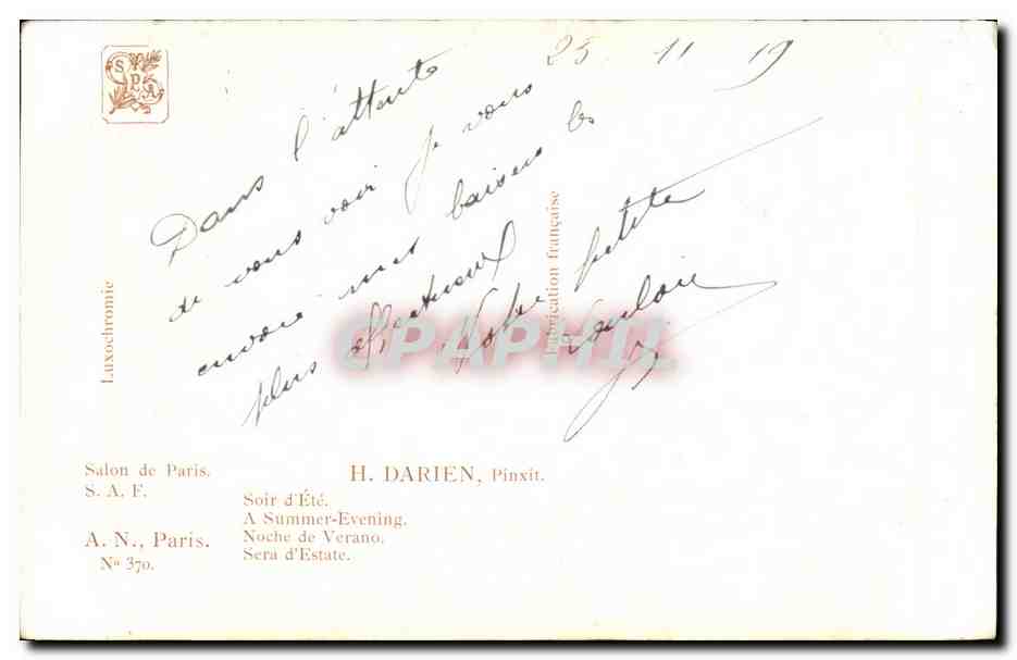 CPA Fantaisie Femme Salon de Paris Soir d ete Darien  — Verso