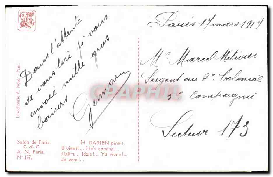 CPA Fantaisie Femme Salon de Paris Darien Il vient  — Verso