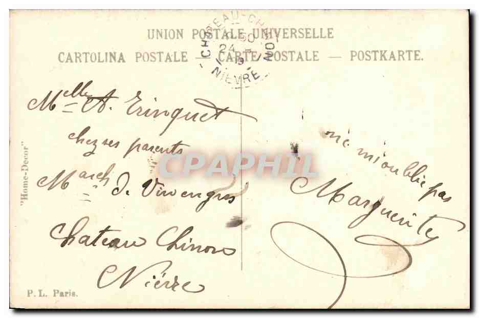 Femme de pêcheur — scène de plage — éditeur P.L. Paris, n° de série non visible — Verso