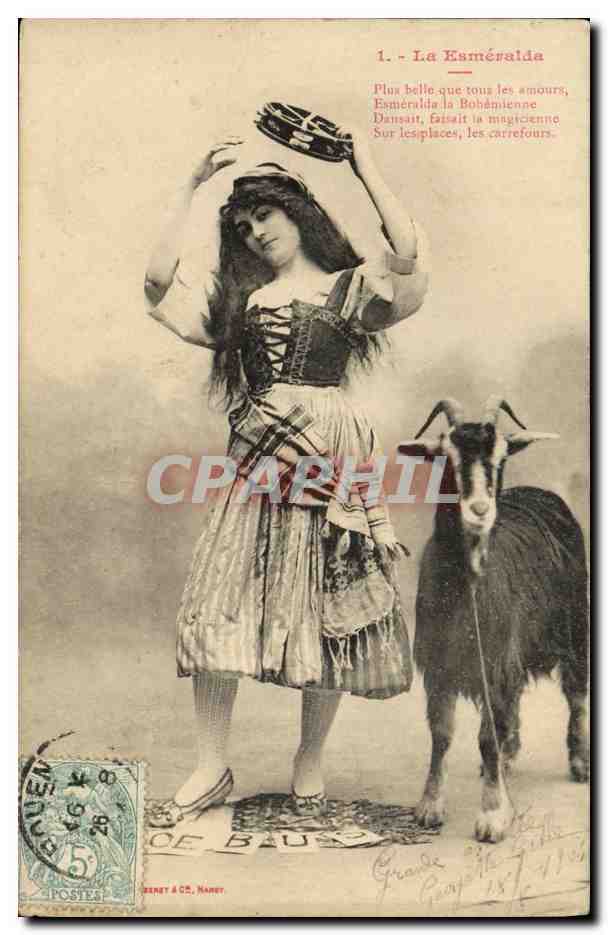 Tarjeta postal antigua Fantasía Mujer La Esmeralda Chevre