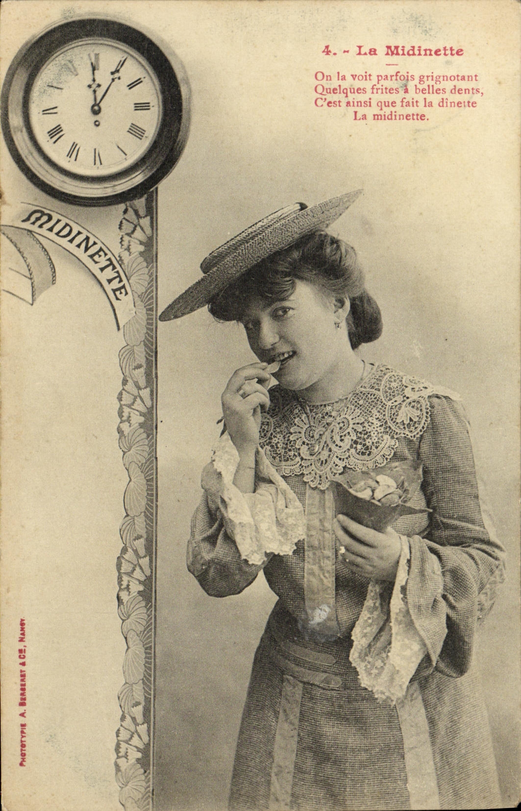La Midinette — Portrait de jeune femme mangeant des frites — Phototype A. Berbeart & Cie, Namur