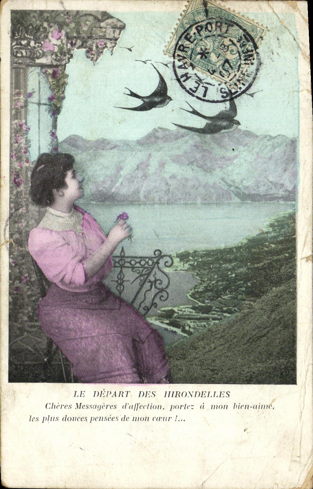 Tarjeta postal antigua Fantasía Mujer Golondrinas