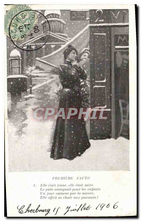 Femme offrant de la charité enneigée — Première Faute — éditeur non visible