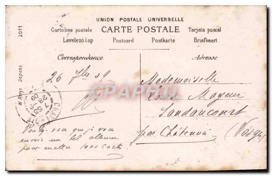 Folies Bergère — danseuse en robe bleue ornée de fleurs — Walery Paris — Verso