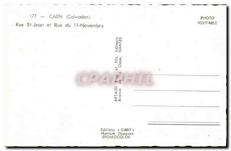 CPM Caen Rue St Jean et Rue du 11 Novembre — Verso