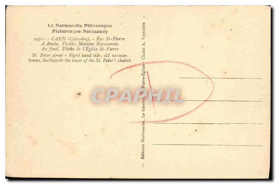CPA Caen Rue St Pierre a droite Vieilles maisons normandes Fleche de l eglise St pierre — Verso