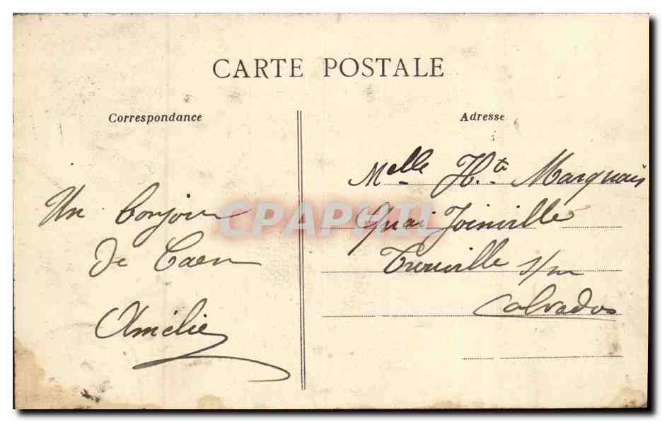 Cartolina d'epoca Caen Rue d'Auge Bambino Bicicletta Militare TOP — Verso