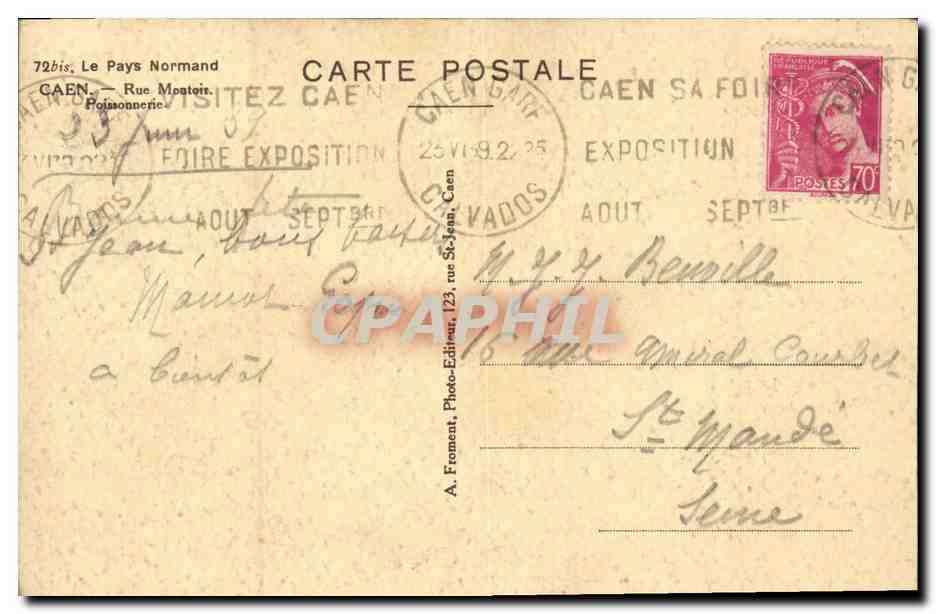 CPA Caen Rue Montoir Poisonnerie — Verso