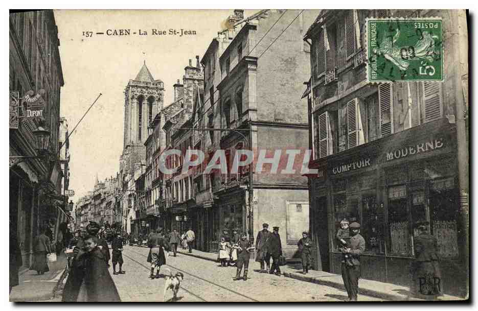 CAEN - La Rue St-Jean — vue de la rue avec la cathédrale en arrière-plan — éditeur Tifont, n° 157