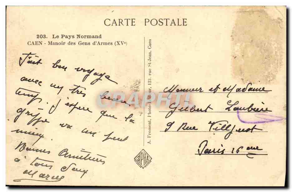 CPA Caen Manoir des Gens D Armes — Verso