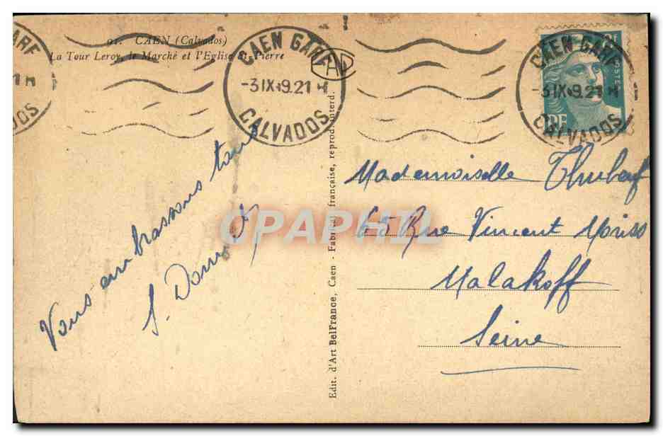 CPA Caen La Tour Leroy le Marche et l Eglise St Pierre — Verso