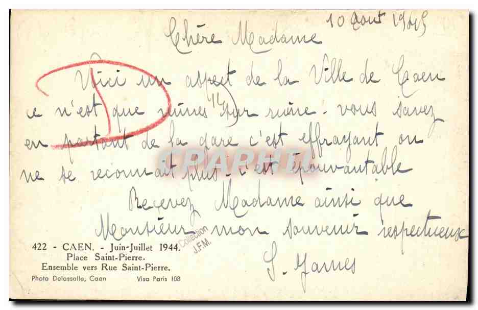 CPA Caen Juin Juillet 1944 Militaria Place Saint Pierre Ensemble vers Rue Saint Pierre — Verso