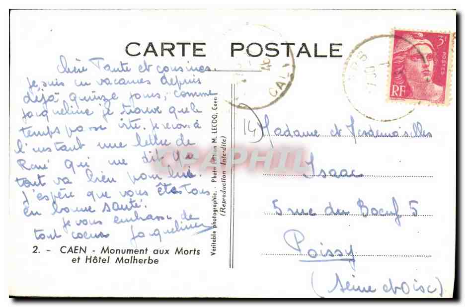 CPA Caen Monument aux Morts et Hotel Malherbe Militaria  — Verso