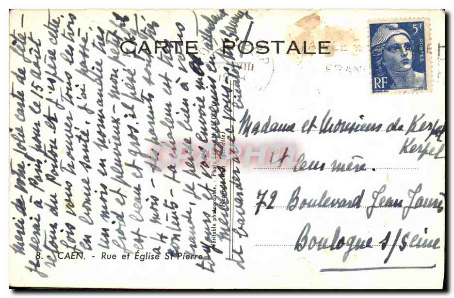 CPA Caen Rue et Eglise St Pierre Militaria — Verso