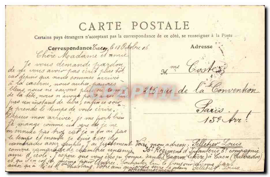 CPA Caen Caserne Lefevre Chateau Militaria — Verso