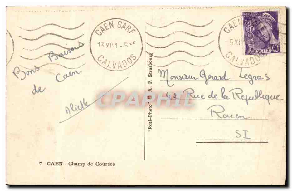 Champ de Courses de Caen — vue depuis un parc — éditeur A. P. Strasbourg, n°7 — Rückseite