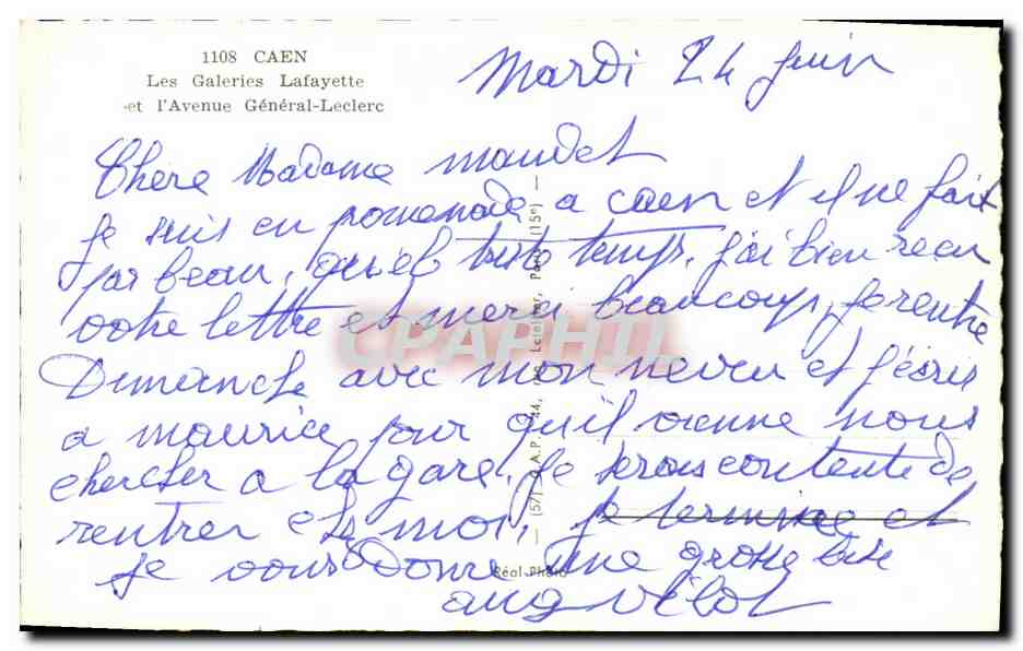 CPM Caen Les Galeries Lafayette et l Avenue General Leclerc — Verso