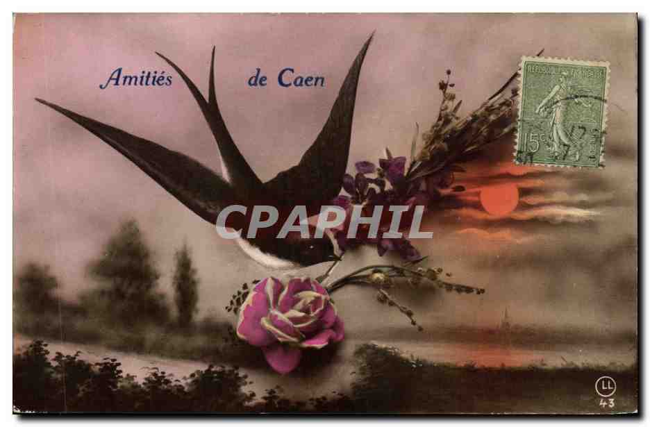 Amitiés de Caen — oiseau et rose — éditeur LL n°43