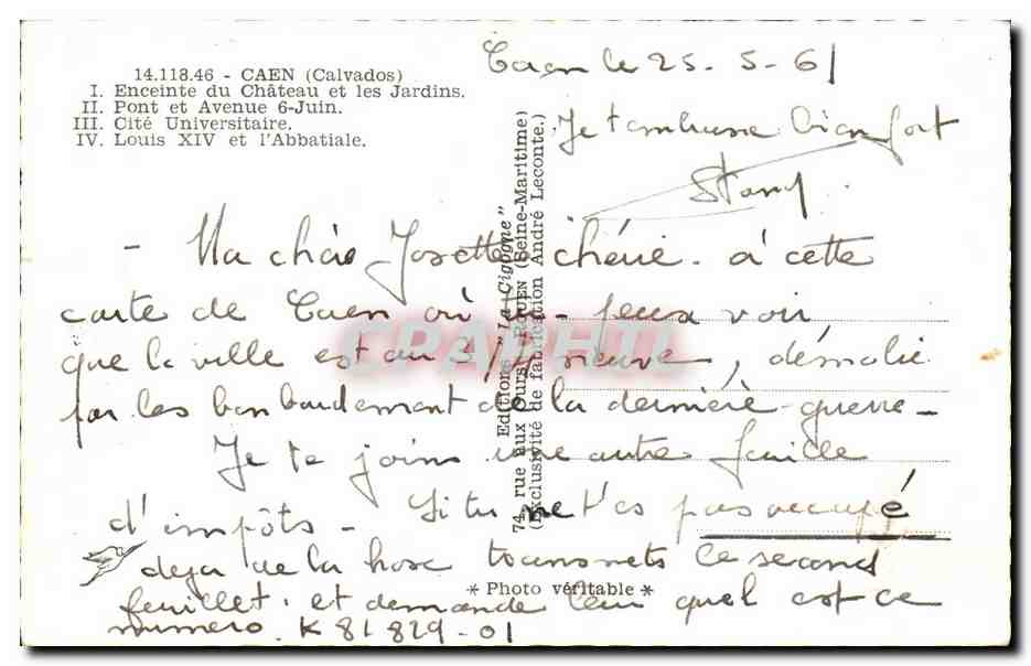 CPM Caen Enceinte du Chateau et les Jardins  — Verso
