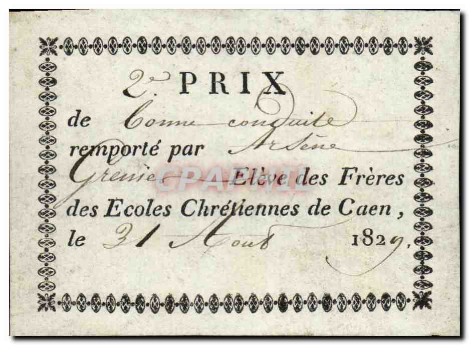 Carte 2eme Prix de bonne conduite Caen 1829 superbe document 