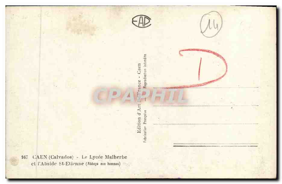 CPM Caen Le Lycee Malherbe et l Abisde St Etienne  — Verso