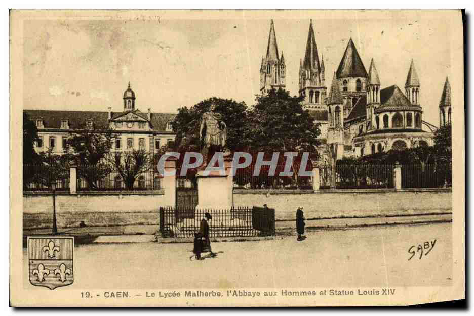 CPA Caen Le Lycee Malherbe l abbaye aux Hommes et Statue Louis XIV