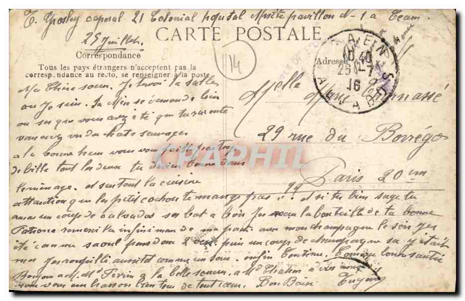 CPA Caen Hopital Civil Salles des Militaires — Verso
