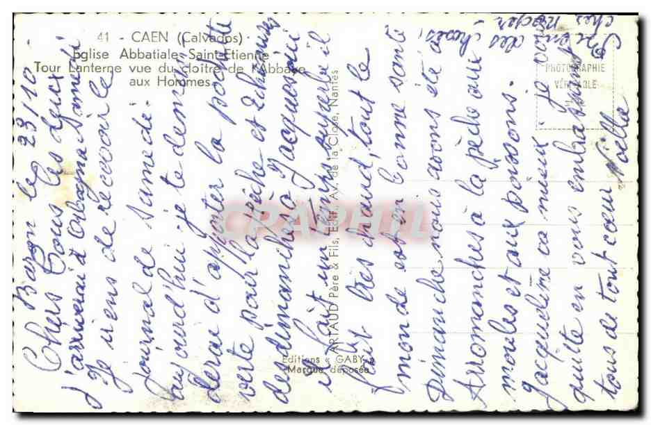 CPM Caen Eglise Abbatiale Saint Etienne — Verso