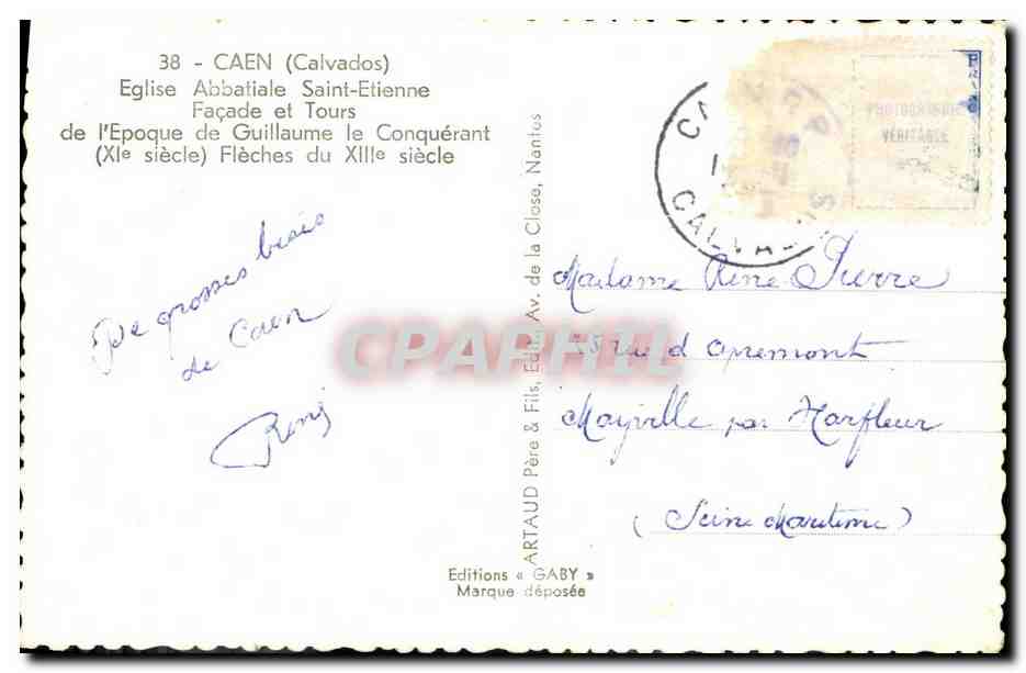 CPM Caen Eglise Abbatiale Saint Etienne Facade et Tours — Verso
