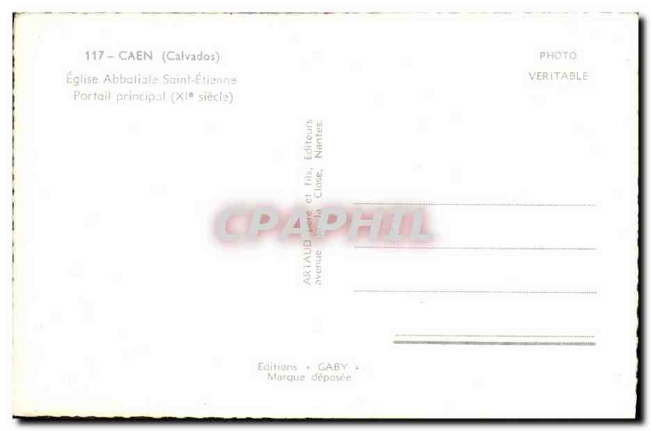 CPM Caen Eglise Abbatiale Saint Etienne Portail Principal — Verso