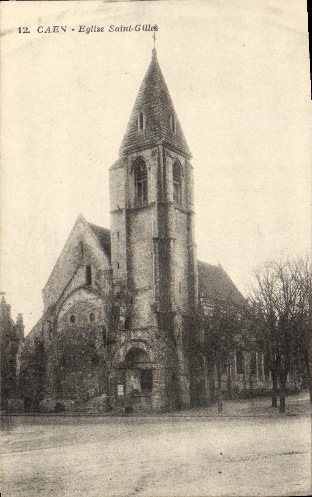 Caen - Église Saint-Gilles — vue de l'édifice avec son clocher à toit en ardoise — éditeur MABON-DOCQUET, CAEN, n°12