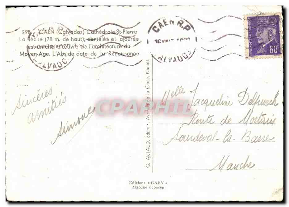 Cathédrale Saint-Pierre de Caen — éditeur G. ARTAUD, n°298 — Rückseite