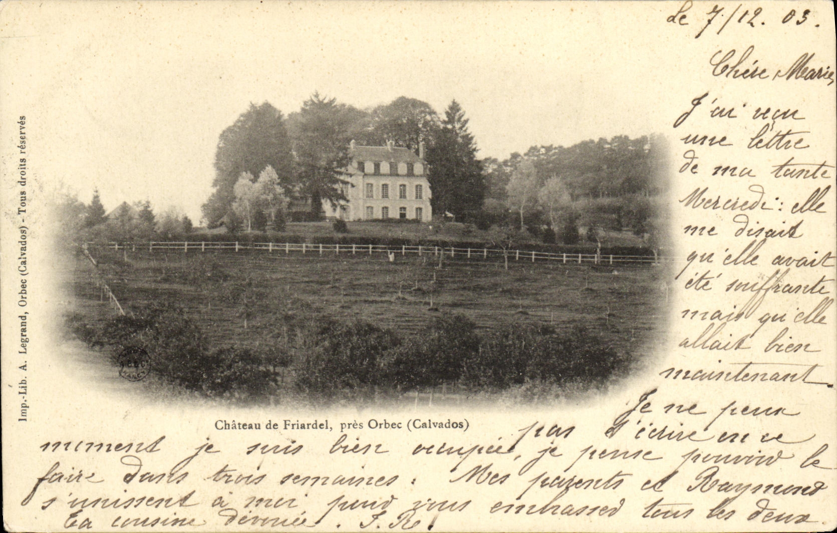 Château de Friardel, près Orbec (Calvados) — Imp. Lib. A. Legrand — n° de série non visible