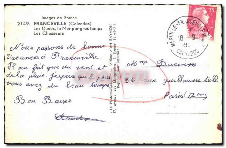 Franceville (Calvados) — Les Dunes, la Mer par gros temps — Éditions d'Art RAYMON — Reverso
