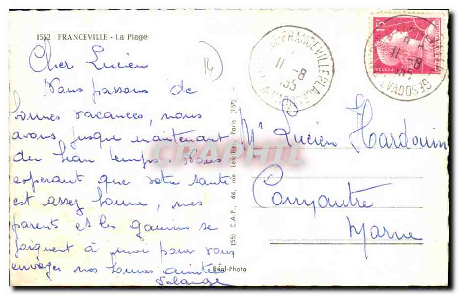 Enfants jouant au sable — plage de Franceville — éditeur C.A.P. n° 1562 — Reverso