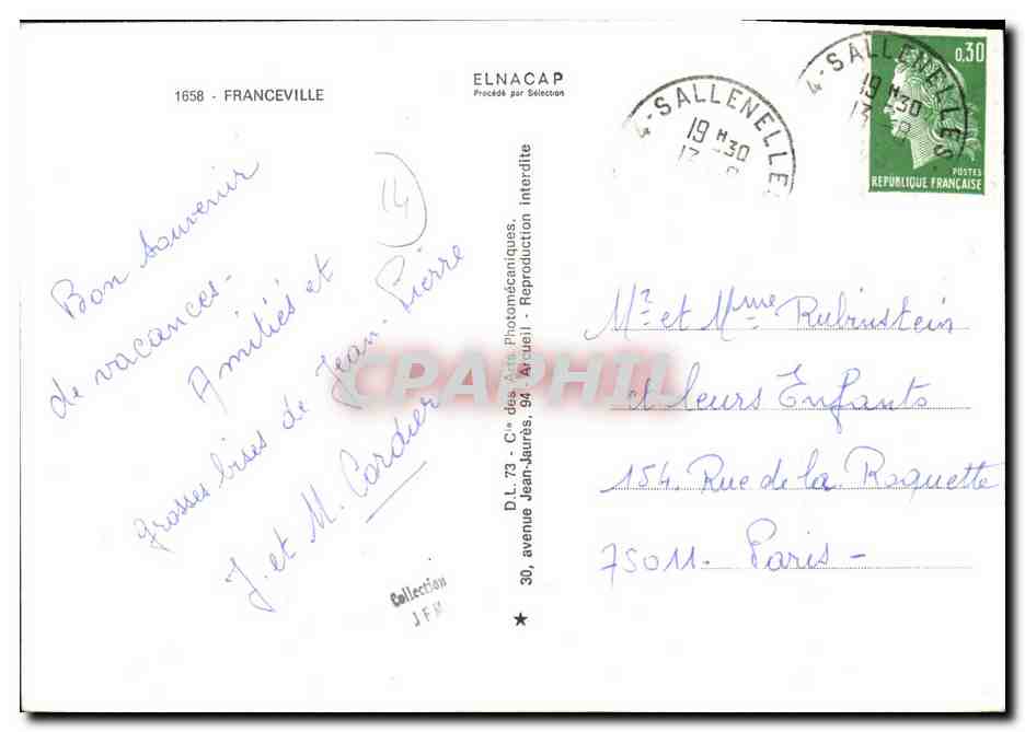 Franceville — Vauriens en regate, Le Club Nautique, Avenue de Versailles — Éditeur D.L. 73, Arcueil — Verso