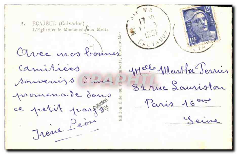 CPM Ecajeul L Eglise et le Monument aux Morts — Verso