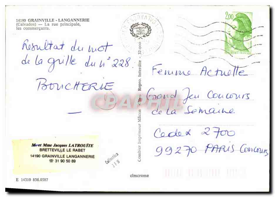 CPM Grainville Langannerie La rue Principale les Commercants — Rückseite