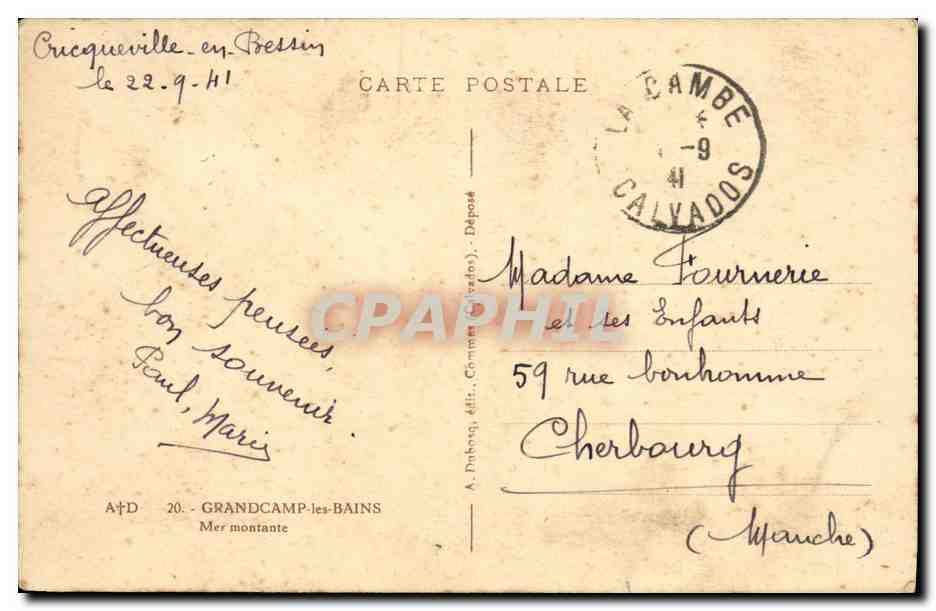 CPA Grandcamp les Bains Mer montante Bateau — Verso