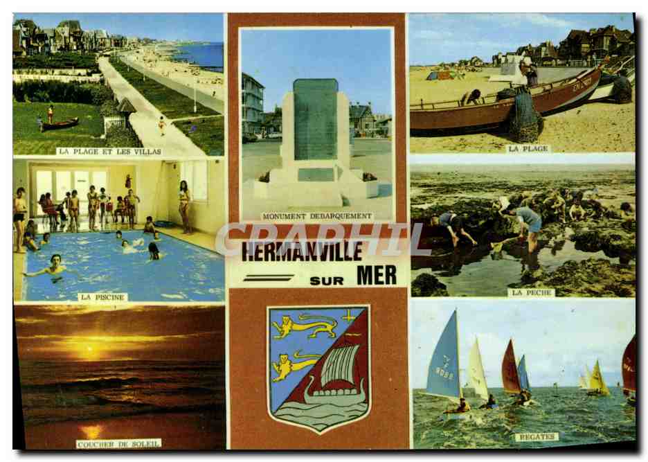 CPM Hermanville sur Mer Piscine Coucher de soleil La peche Regates
