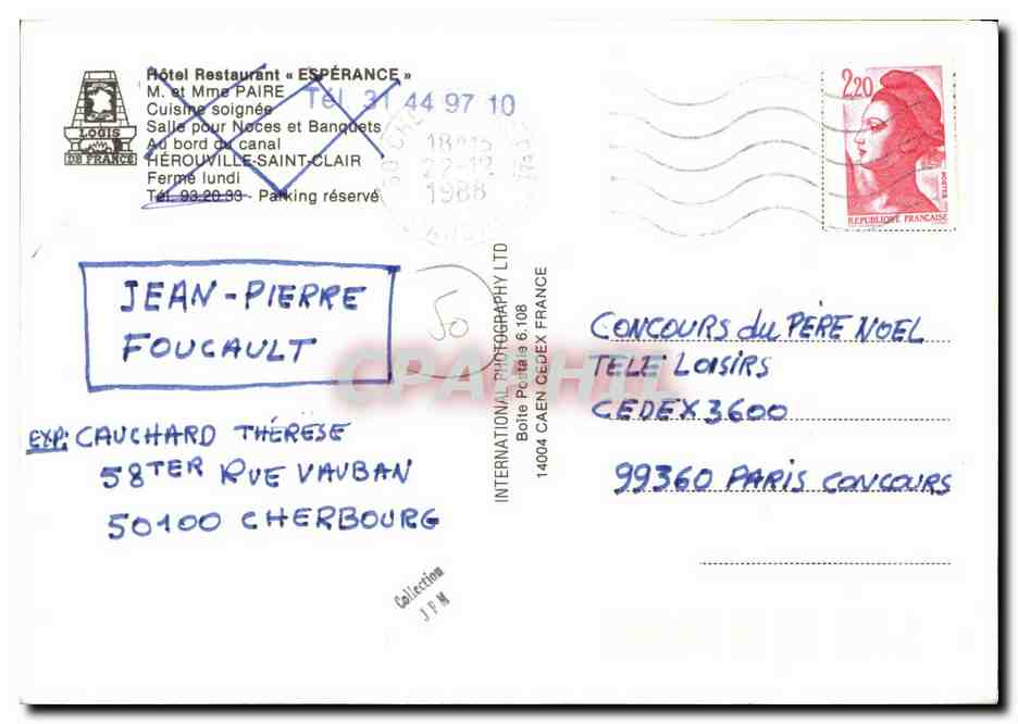 CPM Hotel Restaurant Esperance Herouville Saint Clair  — Verso