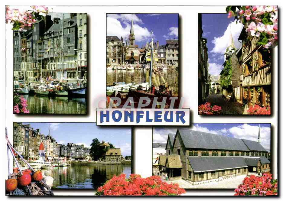 CPM Honfleur Le vieux bassin et les facades typiques du quai Sainte Catherine La plage et l eglise Sainte Catherine